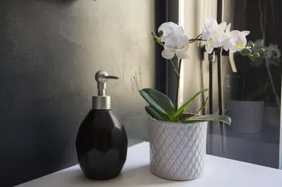 a black bottle and a vase with flowers on a table at Appartamento Roman Feelings in Rome