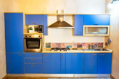 a kitchen with blue cabinets and a sink at SorinaHome Campo de Fiori Apartament in Rome