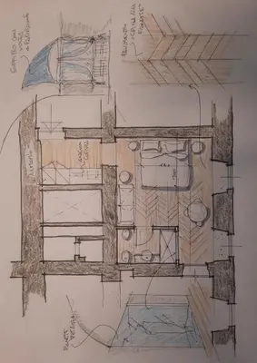 a drawing of a room with at Rome luxury blue suites- LOVE in Rome