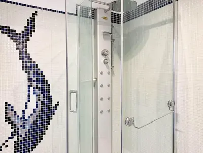 a shower with a glass door next to a shower curtain at DaliTourism - Vatican Apartment 77 in Rome