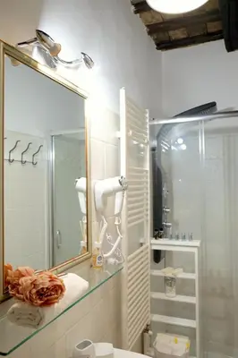 a bathroom with a shower and a sink and a mirror at La Torre del Moro - RH Collection in Rome