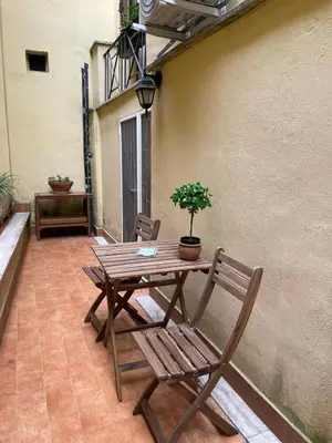 a wooden table and chairs with a potted plant on a patio at Elian Apartament in The Center of Rome #3 Colosseo in Rome