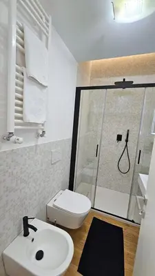 a bathroom with a shower and a toilet and a sink at Val's Vatican Wall Apartment in Rome