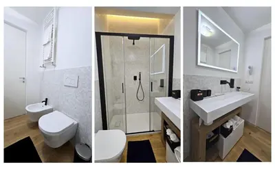 two pictures of a bathroom with a toilet and a sink at Val's Vatican Wall Apartment in Rome