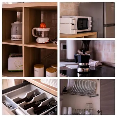 a collage of photos of a kitchen with appliances at casa Aldini in Rome