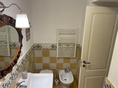 a bathroom with a sink and a toilet and a mirror at Domus Alba Mantua in Rome
