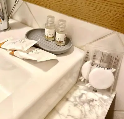 a bathroom sink with two bottles of essential oils on it at Al Mamalo Rome Luxury Apartment in Rome