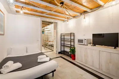 a bedroom with a large bed and a flat screen tv at Sanniti Loft San Lorenzo in Rome