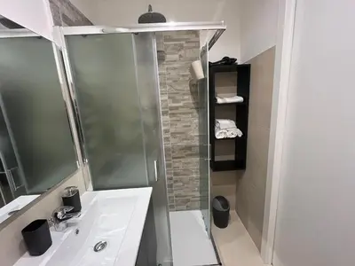 a bathroom with a shower and a white sink at SpecchiamoR in Rome