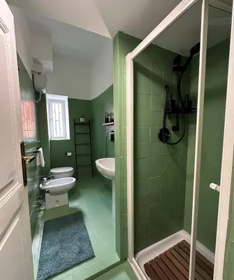 a green bathroom with a toilet and a sink at Colosseo House in Rome