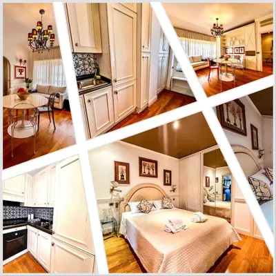 a collage of photos of a bedroom and a kitchen at Qg Tacito 90 in Rome