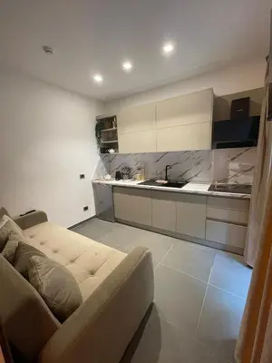 a living room with a couch and a kitchen at JOIVY Exclusive 2-Bedroom Villa with Private Garden - 5 minutes from the Colosseum in Rome
