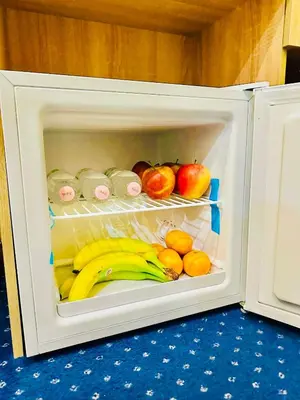 an open refrigerator filled with fruits and vegetables at Hotel Rome place in Rome