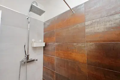 a bathroom with a shower and a wooden wall at YCH-Appartamento Luminoso a San Pietro in Rome
