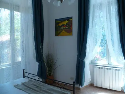 a bedroom with blue curtains and a bed with a plant at Holiday Home Il Sogno A San Pietro in Rome