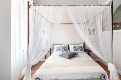 a bedroom with a canopy bed with white curtains at Domus Paolina Arenula in Rome