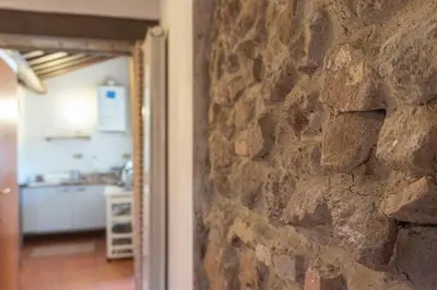 a room with a stone wall and a kitchen at Domus Tempio Deluxe, Roma Centro in Rome