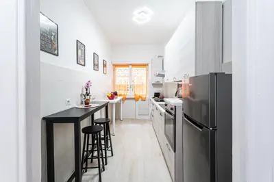 a kitchen with white walls and a black refrigerator at Domus Leo Roma in Rome