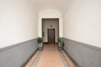 a hallway with two potted plants and a door at Jubilee apartment Vatican Museums in Rome
