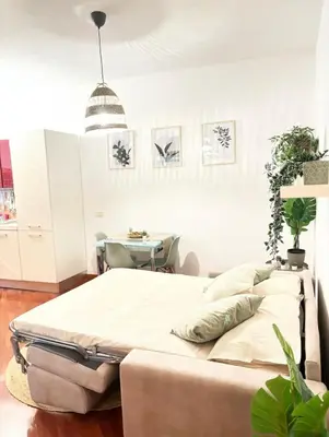 a bedroom with a bed and a table and a potted plant at Saulo Guest House - A 10 minuti da Colosseo in Rome