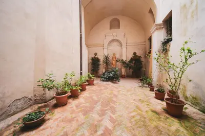a hallway with potted plants in a building at Pettinari by BuddyRent in Rome