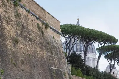 a brick wall with trees and a building in the background at Appartamento San Pietro-Vaticano in Rome