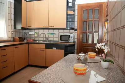 a kitchen with wooden cabinets and a counter top at RomAmo Sogliano4 in Rome