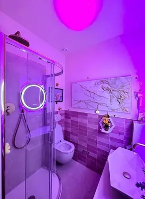 a pink bathroom with a toilet and a shower at Sanpaolo Modern Aesthetic B&B in Rome