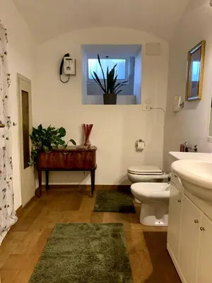 a bathroom with a toilet and a sink and a window at Giardino dei Giganti, 5 minute walk to the subway B in Rome