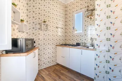 a kitchen with white cabinets and floral wallpaper at Gn Suite Oro in Rome