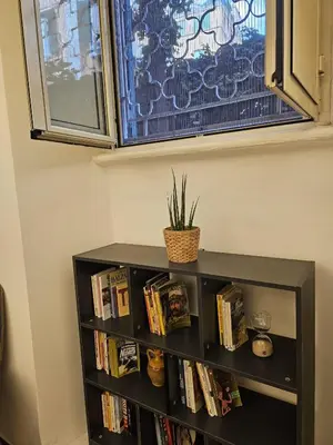 a black book shelf with books and a plant on it at Like at Home Trastevere in Rome