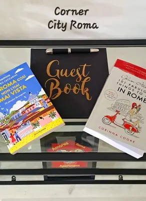 a shelf with books on it with a guest book at Amores Roma Apartment in Rome