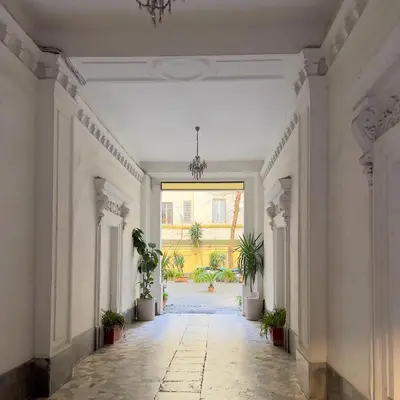 an empty hallway with potted plants in a building at Ariana Apartments in Rome