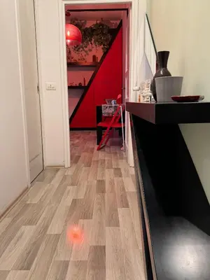 a hallway with a wooden floor and a red wall at Dora Apartment in Rome