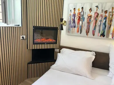 a bedroom with a bed with a fireplace and a tv at MauveSweetRhome 4 in Rome