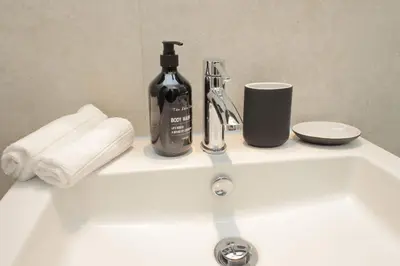 a bathroom sink with a bottle of wine and towels at Porta Flaminia Suites in Rome