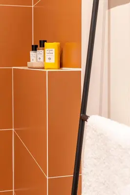 a shelf in a bathroom with products on it at Gracchi boutique rooms in Rome