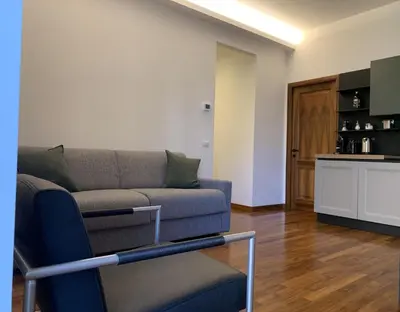 a living room with a couch and a kitchen at Nox Romana Apartments - Vatican - Modern Apt with Cozy Balcony in Rome