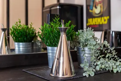 a group of potted plants in silver buckets on a counter at iFlat Campo de' Fiori modern apartment in Rome