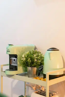 a green mixer on a shelf with a plant at Studio Campo de' Fiori in Rome