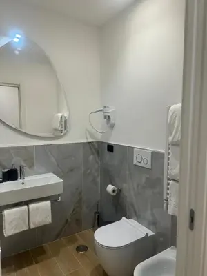 a bathroom with a toilet and a sink and a mirror at santa maria maggiore luxury guest house in Rome