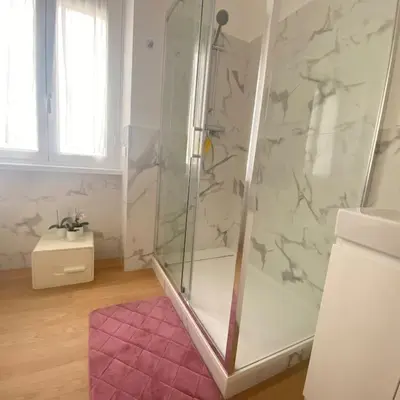 a bathroom with a shower with a pink rug at Appartamento Villa Ada in Rome