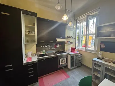 a large kitchen with black cabinets and a sink at Domus Musei Vaticani Roma Centro 