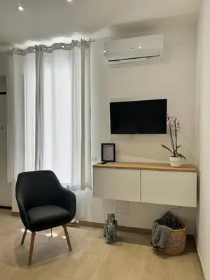 a living room with a chair and a television at Little Apartment in Rome