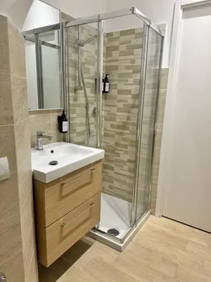 a bathroom with a shower and a white sink at Little Apartment in Rome