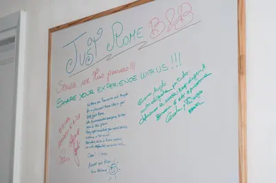 a whiteboard with writing on it on a wall at B&B Exa Rooms - Just Rome in Rome