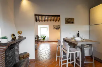 a kitchen and dining room with a table and a fireplace at Views of the Coliseum in Rome