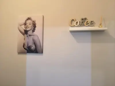 a picture of a woman on a wall next to a shelf at Bilocale in Via degli Orti Variani in Rome