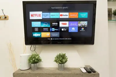 a flat screen tv hanging on a wall with two plants at San Peter Borgo 68 in Rome