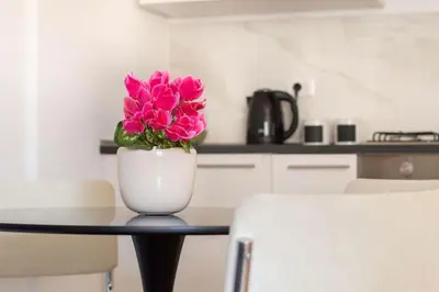 a vase with pink flowers on a table in a kitchen at Cozy & Chic Apartment - Piazza Bologna in Rome